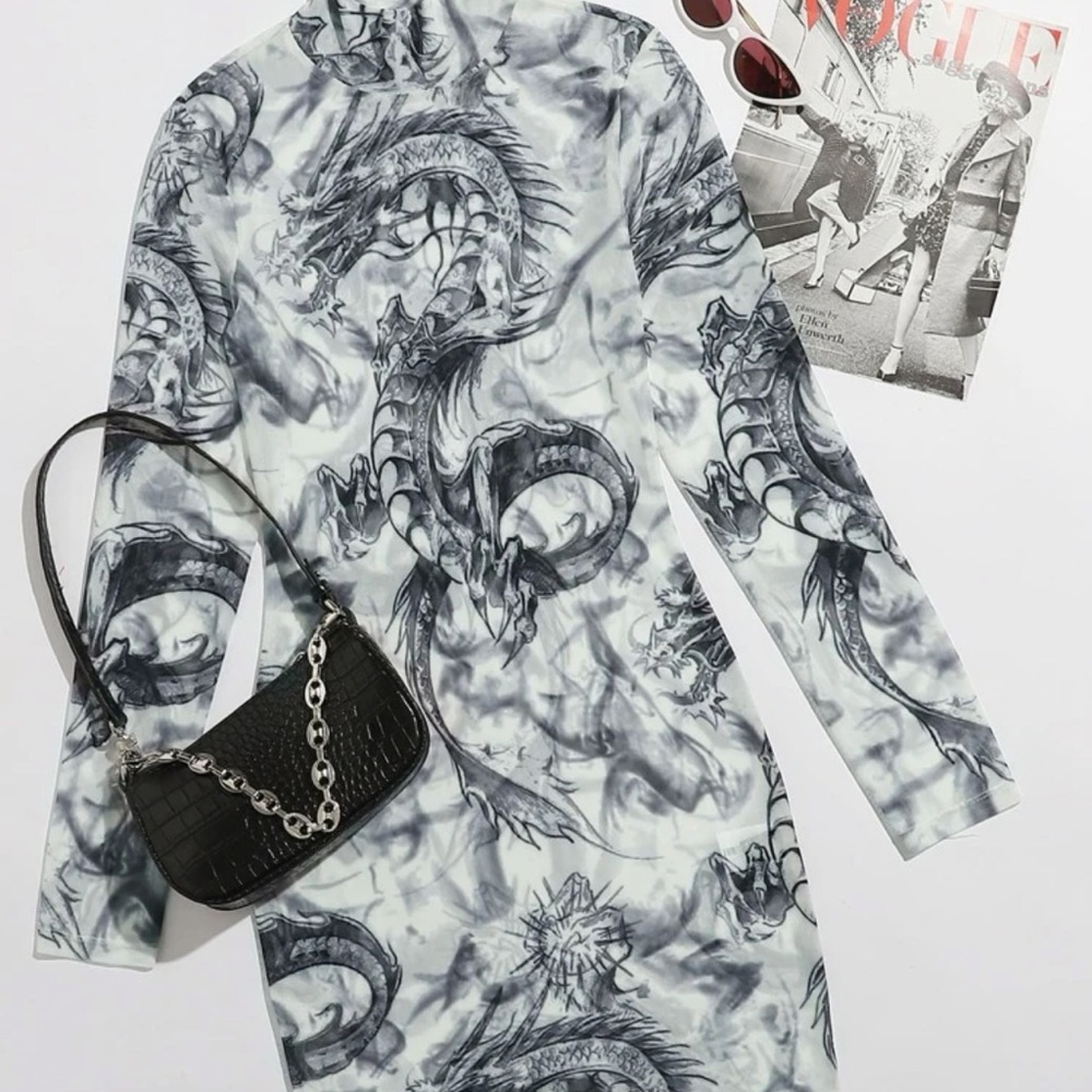 Black & white Mosh Neck Dragon print dress